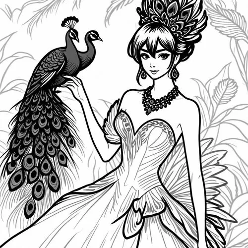 the woman in a peacock costume is holding a bird,crow queen,harpy,black macaws sari,fairy peacock,line art birds,flower and bird illustration,Design Sketch,Design Sketch,Rough Outline