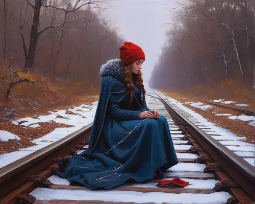 frozen tears on railway,red coat,red and blue heart on railway,train of thought,the girl at the station,oil painting on canvas,red riding hood,red heart on railway,oil painting,sorrow,red poppy on railway,depressed woman,woman praying,man in red dress,praying woman,little red riding hood,railroad,red hat,loneliness,solitude,Conceptual Art,Oil color,Oil Color 12