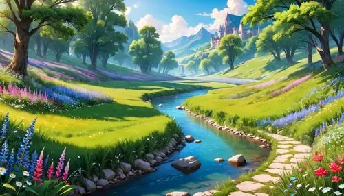 landscape background,fantasy landscape,spring background,meadow landscape,cartoon video game background,fairy world,springtime background,fairy forest,nature landscape,mountain spring,forest landscape,salt meadow landscape,beautiful landscape,river landscape,fairy village,clover meadow,cartoon forest,blooming field,children's background,meadow and forest,Anime,Anime,General