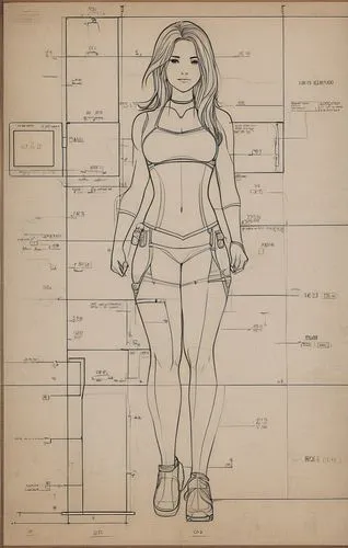 1girl, full body, solo, long hair, line art, ,proportions,floor plan,wireframe graphics,frame drawing,blueprint,retro paper doll,female runner,sheet drawing,technical drawing,wireframe,mono-line line 