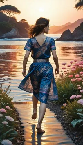 girl on the river,woman walking,fantasy picture,world digital painting,eurythmy,girl walking away