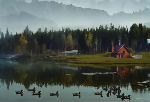 Lake with ducks ,house with lake,salt meadow landscape,landscape background,maligne lake,emerald lake,the cabin in the mountains,heaven lake,house in mountains,alpine lake,mountainlake,mountain lake,h