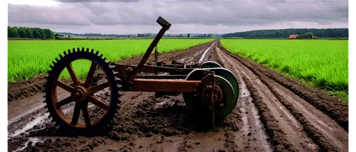 Rural scenery, old plough, rusty metal, wooden handles, worn-out wheels, muddy terrain, green fields, cloudy sky, afternoon sunlight, low-angle shot, cinematic composition, warm color tone, shallow de