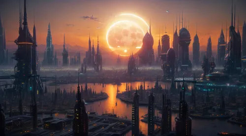 futuristic landscape,alien planet,alien world,exoplanet,metropolis,space art,sci - fi,sci-fi,sci fi,scifi,portal,binary system,federation,orb,ancient city,stargate,vast,planet eart,planet alien sky,fa