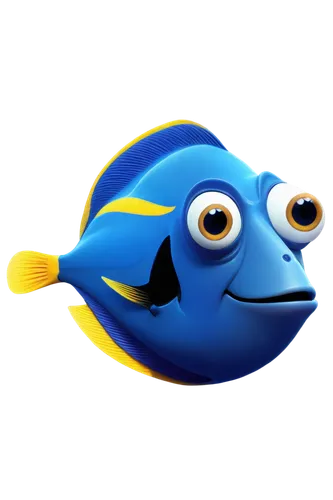 Blue tang fish Dory, orange body, yellow fins, big bright blue eyes, smiling face, swimming pose, transparent scales, shimmering effect, ocean-inspired background, soft focus, warm lighting, cinematic