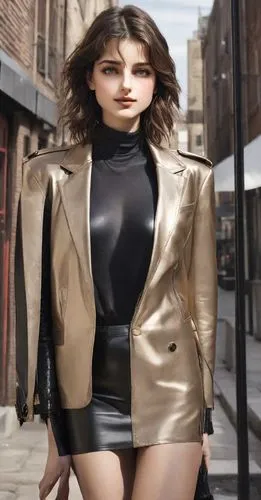 outdoor professional headshots，professional headshots，Minimalist Modern Fashion，man,a woman standing on the sidewalk wearing a jacket and skirt,scherfig,roitfeld,photo session in bodysuit,leatherette,