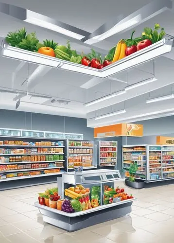 Modern supermarket, interior design, shopping carts, rows of shelves, food products, fruits, vegetables, dairy products, meat counter, cash registers, electronic scales, fluorescent lighting, white ti