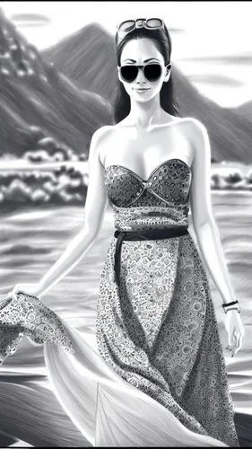 帶上太陽鏡,the sea maid,mermaid background,girl on the river,beach background,dita,world digital painting,digital compositing,art deco woman,pinup girl,fashion illustration,girl on the boat,celtic queen,or