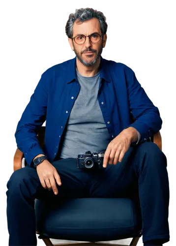 Film director, male, middle-aged, glasses, messy hair, beard, casual clothing, holding camera, sitting on chair, thoughtful expression, soft lighting, cinematic composition, shallow depth of field, wa