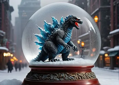 Godzilla, snow globe, miniature cityscape, destroyed buildings, snowy streets, winter wonderland, festive lights, foggy atmosphere, mystical mist, Godzilla's massive claws, fiery breath, icy cold eyes