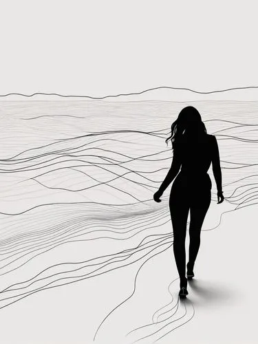 Simple elegent tangled line work, minimilistic, black and white with a pastel coloured stripe here and there,an abstract image with a woman walking alone on the beach,rotoscoping,rotoscoped,mermaid si