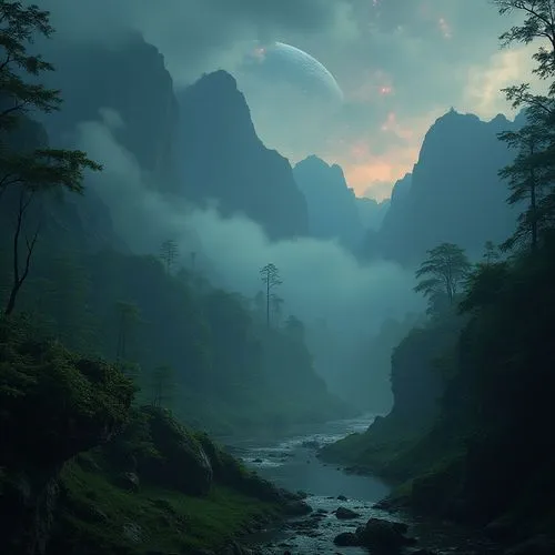 fantasy landscape,fantasy picture,futuristic landscape,mountain landscape,mountainous landscape,foggy landscape,world digital painting,forest landscape,huangshan,landscape background,huangshan mountains,nature landscape,river landscape,high landscape,mountain scene,shaoming,beautiful landscape,rivendell,fantasy art,mountain world,Conceptual Art,Sci-Fi,Sci-Fi 12