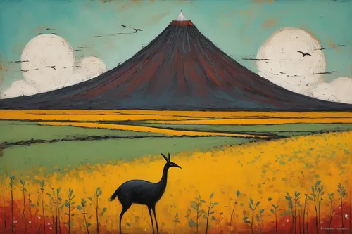 Create a tranquil painting capturing the beauty of a dormant volcano.,uluru,altiplano,volcanic landscape,guanaco,ayers rock,namib,volcanic field,extinct volcano,vicuna,ostrich farm,antelope,king pengu