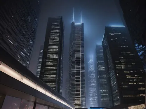 Predock architecture, modern, futuristic, sleek lines, metallic materials, silver, steel beams, glass walls, LED lights, neon illumination, urban cityscape, skyscrapers, night scene, atmospheric fog, 