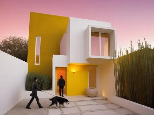 a person with their dog walkin into a house,cubic house,cube house,modern house,corbu,mahdavi,modern architecture,Photography,Fashion Photography,Fashion Photography 05