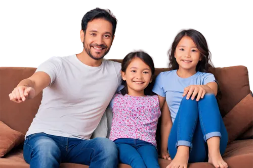 Happy family, father (40yo), mother (38yo), two kids (10yo boy, 7yo girl), casual wear, smiling faces, warm skin tones, natural makeup, messy hair, relaxed postures, sitting on couch, holding hands, l