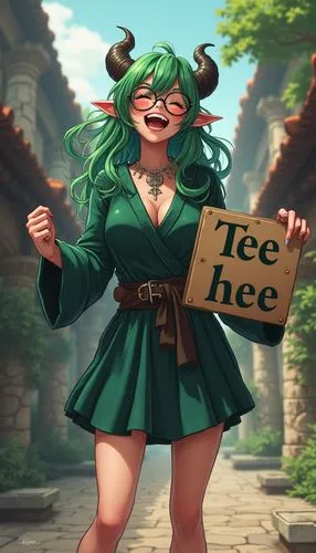 Draw in anime style: A laughing, blushing, nerdy, glasses-wearing, horned, barefoot, green-haired, evil druid girl, smiling, wearing short dark-emerald robes, wearing Gothic jewelry, in a combat court