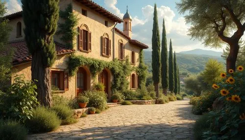 Villa, vernacular architecture, Mediterranean style, rustic stone walls, red terracotta roof tiles, wooden shutters, ornate doorways, lush greenery surrounding, olive trees, cypress trees, sunflowers,