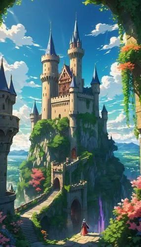 fairy tale castle,fairytale castle,knight's castle,fantasy world,castlelike,castel,castle,ghibli,fantasy landscape,fantasy city,alfheim,3d fantasy,fairy world,sylvania,bewcastle,fantasyland,castletroy,bonnycastle,fairy tale,castle keep,Illustration,Japanese style,Japanese Style 03