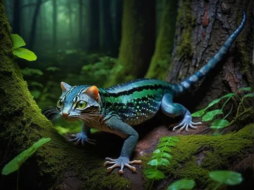 Fantasy, mythical creature, Felis Salamandra, hybrid beast, feline upper body, salamander lower body, scaly skin, vibrant green eyes, slender legs, sharp claws, regal posture, ancient forest, misty at