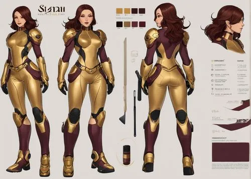 A character design sheet of a female superhero with a hammer. Muscular figure. Brown hair. Color: Gold and maroon. Cell-shaded comic art style. Employ a Canon EOS R6 Mark II camera with a Sigma 50mm f