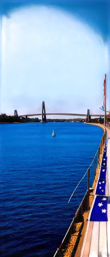 anzac bridge, steel arch, Sydney Harbour, daytime, clear sky, blue water, sailboats in background, pedestrian walkway, railing with flags, morning sunlight, 3/4 composition, shallow depth of field, wa