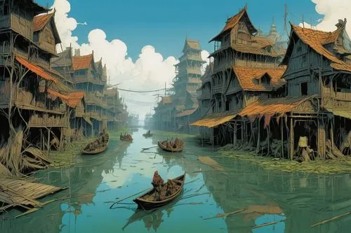 fishing village,floating huts,floating islands,stilt houses,ancient city,harbor,backwater,archaia,philippopolis,escher village,fantasy landscape,fantasy city,redwall,overwater,mahakam,yamatai,imperial shores,novigrad,elminster,floating island