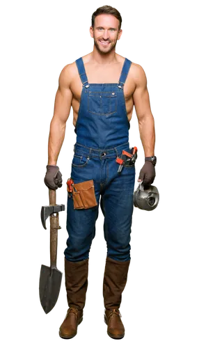 muscular man, handyman, 30s, short beard, messy hair, tool belt, denim overalls, worn gloves, holding hammer, confident smile, standing, relaxed posture, warm lighting, shallow depth of field, realist