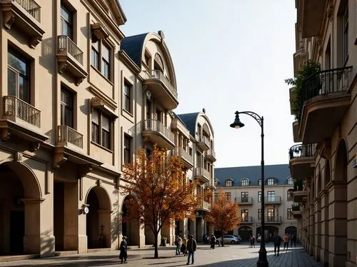 Historic cityscape, grand classicism buildings, ornate facades, Corinthian columns, symmetrical architecture, rusticated bases, arched windows, balconies with intricate ironwork, limestone walls, slat