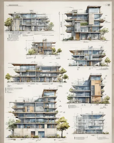 Watercolor (construction plan:1.3) with multiple variations and material suggestion for a building (Riken Yamamoto:1.2), cool tone rendering, a digital rendering, trending on Behance, award winning, a