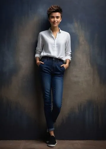 Create avatar of myself, young adult, casual style, short spiky hair, brown eyes, gentle smile, slender build, fair skin tone, white casual shirt, dark blue skinny jeans, black sneakers, relaxed pose,