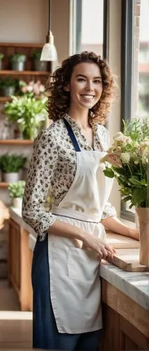 Cozy flower shop interior, modern minimalist style, elegant lady florist (25yo), standing behind counter, gentle smile, curly brown hair, subtle makeup, white apron, greenery-patterned blouse, dark bl