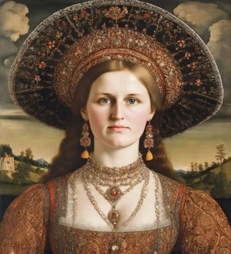 perugini,arcimboldi,the hat of the woman,scythia,portrait of a woman,theodora,principessa,lucrezia,portrait of a girl,melozzo,constantinopolitan,tiziano,mezzosoprano,pinturicchio,crivelli,the hat-female,bolognese,bronzino,habanera,petrarch,Digital Art,Classicism