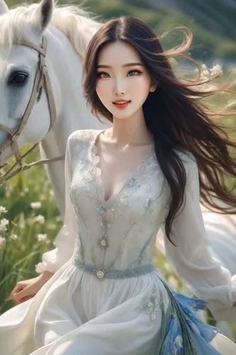 realistic rich colors, full-length, very beautiful charming Chinese woman in white, beautiful expressive eyes, beautiful thin lips, beautiful long hair, happy, galloping on a black horse along the oce