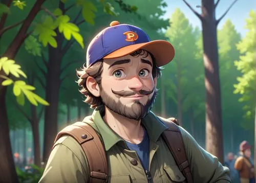 A 45 year old man, he is a forester, he is wearing an orange cap with a logo on it, his beard is chesnuts colored, he is wearing forester clothes green and brown colored, he has a few rickles on his f