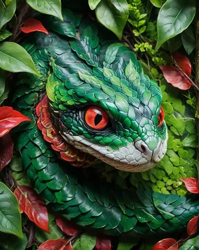 A vividly colored eyes snake with piercing eyes hides among lush green and red foliage, creating a striking contrast in nature. focus on eyes looking forward,basiliscus,green python,lagarto,reticulatu