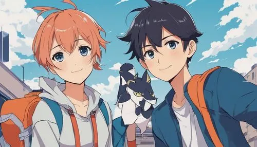 Beschreibung der Illustration im Anime-Kunststil: Ein Paar sehr guter Freunde winkte zum Abschied, ihre Augen voller Sehnsucht.,tamako,garrison,kazuto,sorina,anime cartoon,kizu,wakanohana,kyokai,enosh