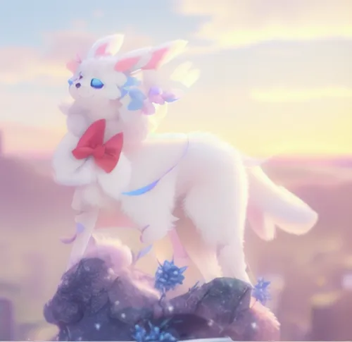 Slender Pokemon fairy dog poodle, inspired by Sylveon, wearing a bow, anime style,unicorn background,klepon,soft pastel,fluffy diary,spring unicorn,snow hare,sky rose,crystalline,dusk background,sprin