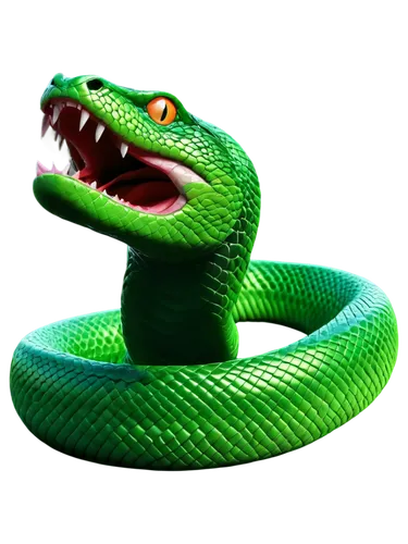 Slithering snake, scaly skin, forked tongue, sharp fangs, venomous eyes, coiled body, vibrant green color, shiny texture, metallic sheen, dynamic pose, twisting motion, 3D rendering, cinematic lightin