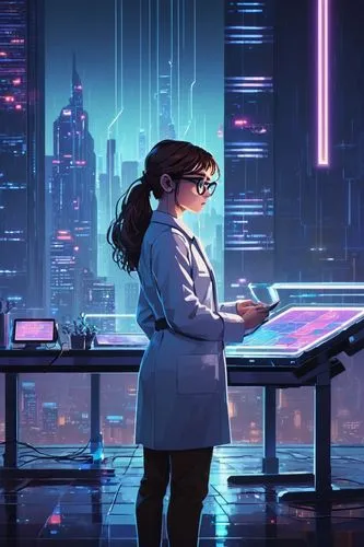 cyberpunk,sci fiction illustration,synth,girl at the computer,girl studying,cyberia,cybertown,junipero,technologist,computerologist,scientist,neon human resources,laboratory,female doctor,women in technology,cyberpunks,microsurgeon,cyberscene,examining,engineer,Unique,Pixel,Pixel 01