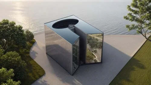 mirror finishing, straight walls, the model located at exterior scene, mirror finishing reflects the exterior, grass, trees, ocean, reflecting on the mirror, circle part is empty,observation tower,obs