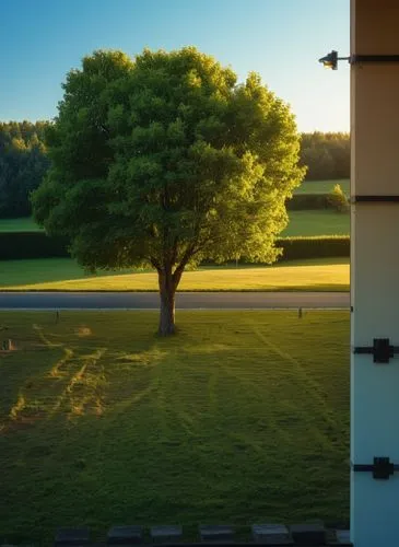 a lone tree stands in a grassy field,golf backlight,golf landscape,vulkaneifel,ordinary boxwood beech trees,golf course background,garden door,Photography,General,Realistic