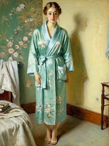 Lady in a dressing gown. Let the motif appear as a French impressionist painting as if it had been painted by Edgar Degas.,the woman is dressed in blue in her robe,girl with cloth,woman on bed,girl in