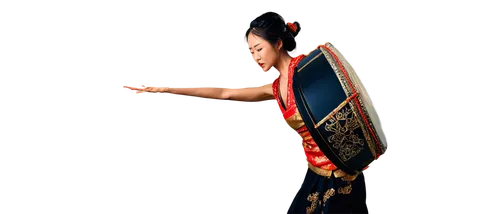 Tada sound, Japanese instrument, traditional drum, ornate design, golden accents, red ropes, dynamic pose, hands grasping drumsticks, intense facial expression, dramatic lighting, shallow depth of fie