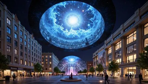 Cosmic planetarium dome, neoclassical columns, ornate astronomical details, urban cityscape integration, bustling streets, modern skyscrapers, vibrant nightlife, LED light installations, glass-enclose