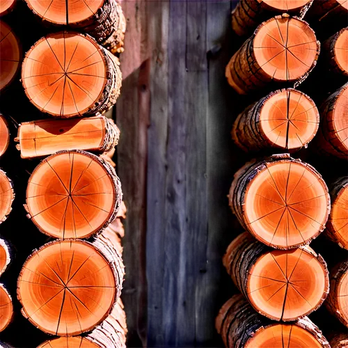 Logs, cord of wood, stacked horizontally, rustic brown color, rough bark texture, varying log sizes, wooden planks in background, morning sunlight, soft shadows, 3/4 composition, shallow depth of fiel