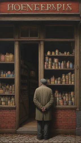 shopkeeper,greengrocer,john atkinson grimshaw,apothecary,merchant,vendor,grocer,vendors,fishmonger,johannis herbs,hamelin,soap shop,brandy shop,pensioner,village shop,convenience store,vintage art,oil on canvas,honey jar,peddler,Conceptual Art,Daily,Daily 30