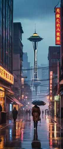 Cyberpunk Seattle, rainy night, neon lights reflecting off wet pavement, futuristic skyscrapers, holographic advertisements, crowded streets, punk-rock styled characters, leather jackets, ripped jeans