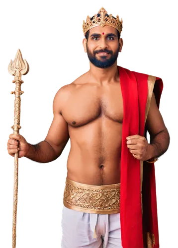 Lord Vigneshwara, Hindu god, masculine, powerful, golden crown, white and red tilaka, thick beard, muscular arms, decorative chest plate, red and gold dhoti, holding trident, serene face, gentle eyes,