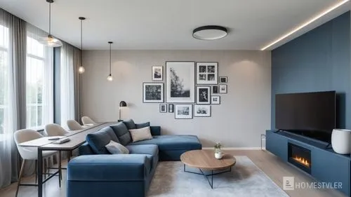 Modern interior design of the living room in light gray and blue tones.The floor is tiled with white marble with brown flecks. The wall behind the sofa is plastered. With 3D wall panels behind the TV,